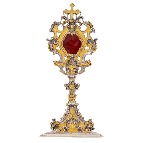 Reliquiar aus zweifarbigem Messing in barocker Gestaltung mit roter Lunula und Gestell aus Holz, 44 cm 1