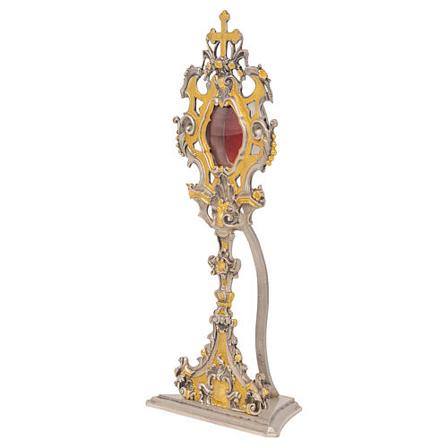 Reliquiar aus zweifarbigem Messing in barocker Gestaltung mit roter Lunula und Gestell aus Holz, 44 cm 4