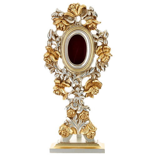 Bicolour reliquary with roses, gold leaf, carved wood, 45 cm 1