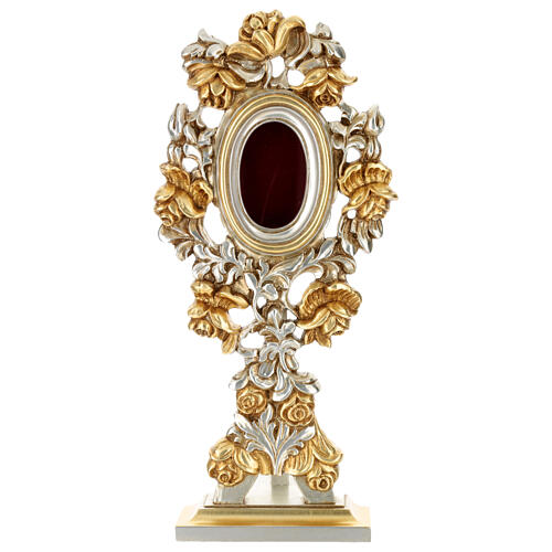 Reliquiario bicolore rose foglia oro legno intagliato 45 cm 1