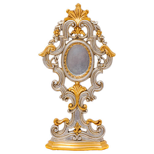 Reliquaire cadre baroque lunule ovale bois sculpté feuille d'or 49 cm 1