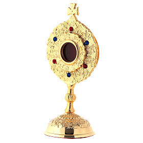 Reliquary with circular base, gold plated brass, colourful stones, h 15 cm