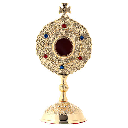 Reliquary with circular base, gold plated brass, colourful stones, h 15 cm 1