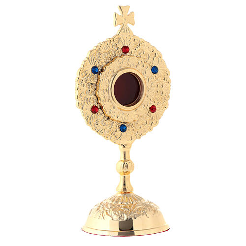 Reliquary with circular base, gold plated brass, colourful stones, h 15 cm 3