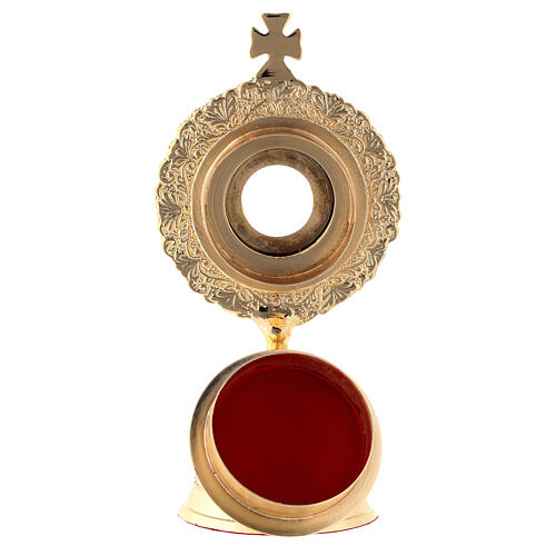 Reliquary with circular base, gold plated brass, colourful stones, h 15 cm 5