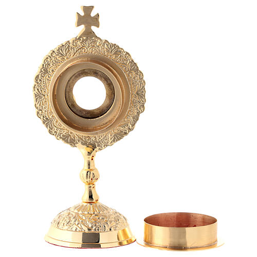 Reliquary with circular base, gold plated brass, colourful stones, h 15 cm 6