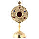 Reliquary with circular base, gold plated brass, colourful stones, h 15 cm s1