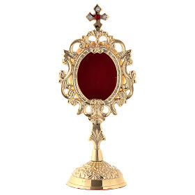Reliquary with circular base, h 18 cm, gold plated brass