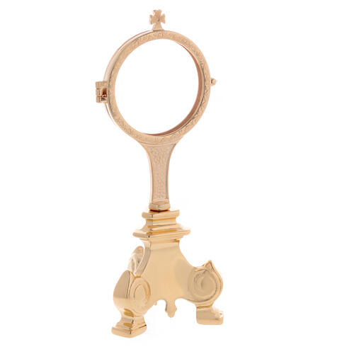 Monstrance with three-legged base, gold plated brass, 3 in 3