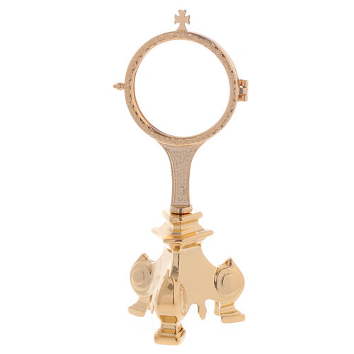 Monstrance with three-legged base, gold plated brass, 3 in 4