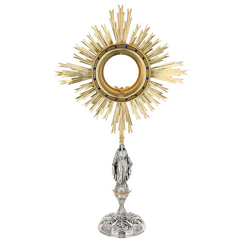 Ostensorio Inmaculada Concepción piedras azules radiante latón bicolor 85 cm 1
