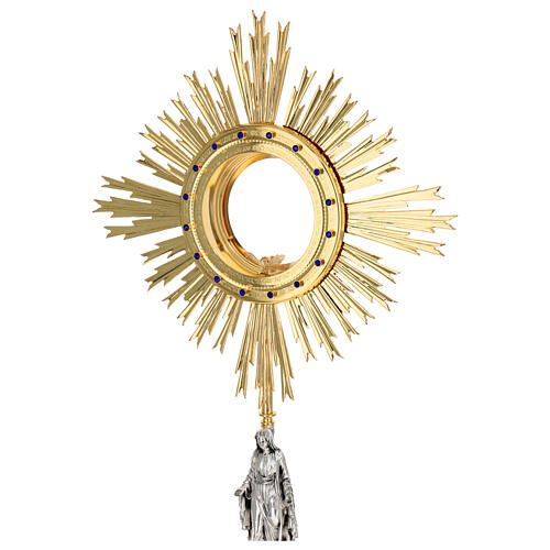 Monstrance of the Immaculate Conception blue stones with two-tone brass rays 85 cm 4