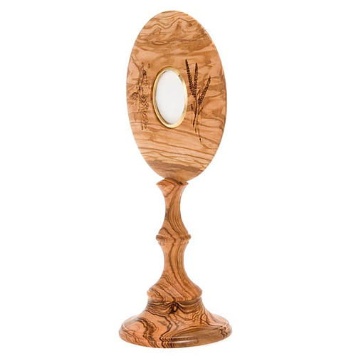 Monstrance in olive wood 8cm window ears of wheat grapes 4