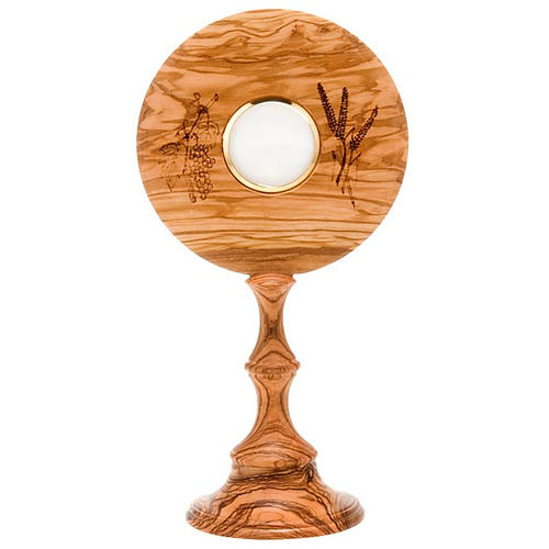 Monstrance in olive wood 8cm window ears of wheat grapes 1