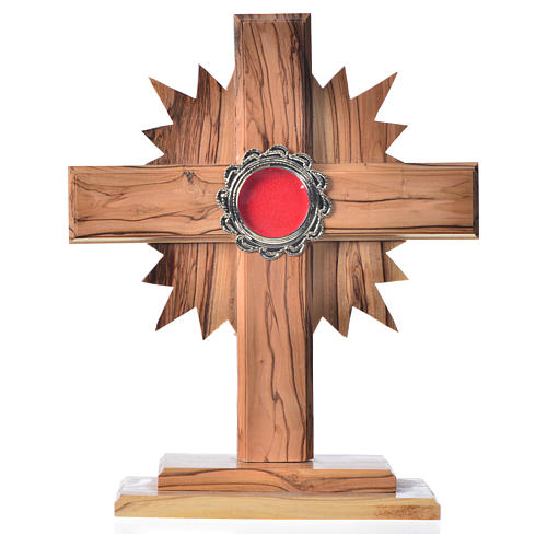 Relikwiarz drewno oliwne krzyż promienie h 20 cm z kustodium metal posrebrzany 1