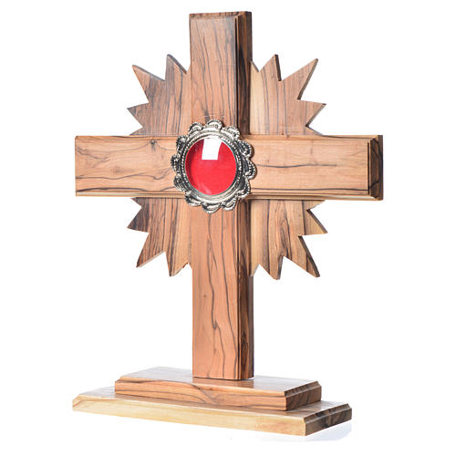 Relikwiarz drewno oliwne krzyż promienie h 20 cm z kustodium metal posrebrzany 2