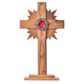 Reliquary in olive wood with rays H29cm, display in silver meta