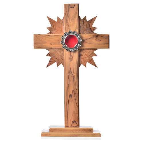 Relikwiarz drewno oliwne promienie krzyż 29 cm z kustodium metal posrebrzany 1