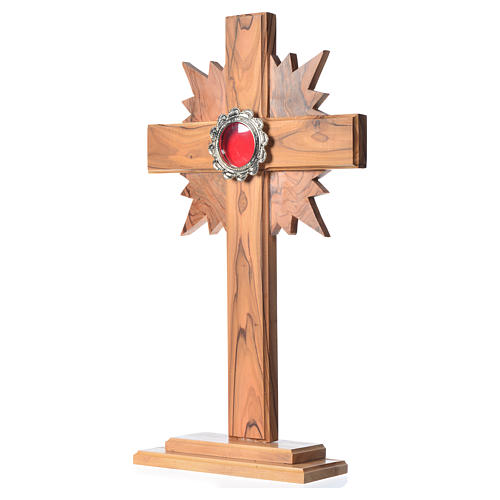 Relikwiarz drewno oliwne promienie krzyż 29 cm z kustodium metal posrebrzany 2