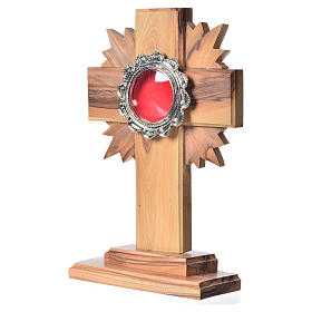 Reliquary in olive wood with rays H15cm, display in silver meta