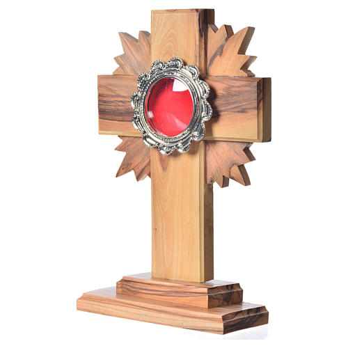 Reliquary in olive wood with rays H15cm, display in silver meta 2