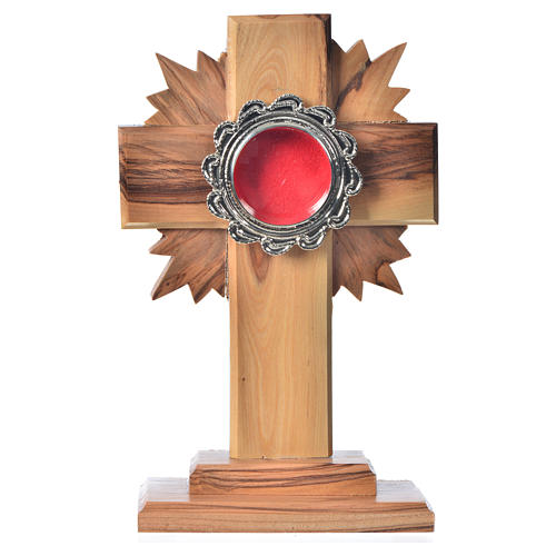 Reliquary in olive wood with rays H15cm, display in silver meta 1