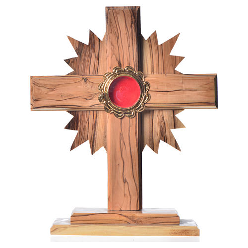 Reliquary in olive wood with rays H20cm, display in golden meta 1