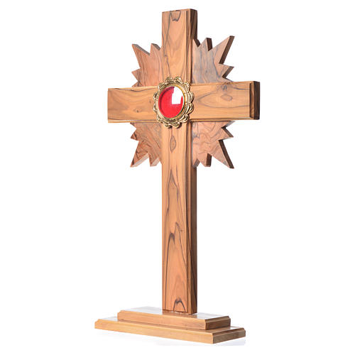 Relikwiarz drewno oliwne promienie krzyż 29 cm z kustodium pozłacanym 2