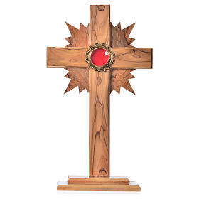 Reliquary in olive wood with rays H29cm, display in golden meta