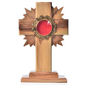 Monstrance in olive wood with rays H15cm, display in golden meta