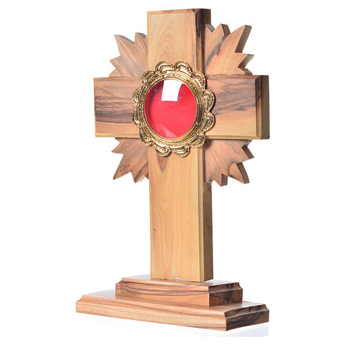 Monstrance in olive wood with rays H15cm, display in golden meta 2