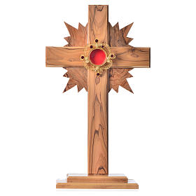 Relikwiarz drewno oliwne promienie krzyż 29 cm kustodium srebro 800 kamienie czerwone