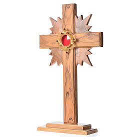 Relikwiarz drewno oliwne promienie krzyż 29 cm kustodium srebro 800 kamienie czerwone