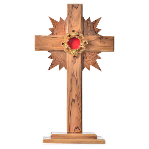 Relikwiarz drewno oliwne promienie krzyż 29 cm kustodium srebro 800 kamienie czerwone 1