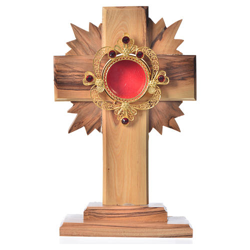 Monstrance in olive wood with rays H15cm, display 800 silver sto 1