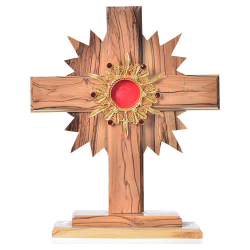 Monstrance in olive wood with rays H20cm, display 800 silver sto 1