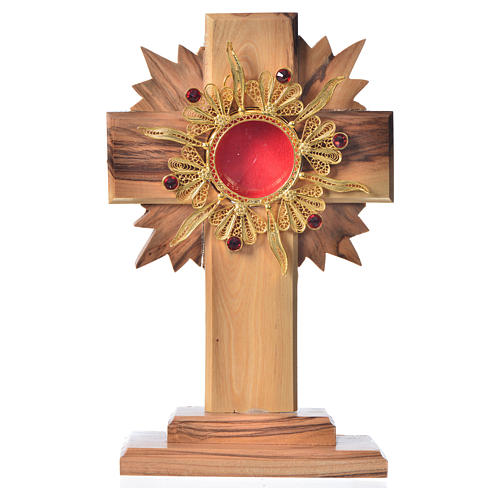 Monstrance H15cm in olive wood with rays, display 800 silver sto 1