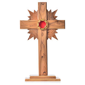 Relikwiarz drewno oliwne promienie krzyż 29 cm kustodium ośmioboczne srebro 800