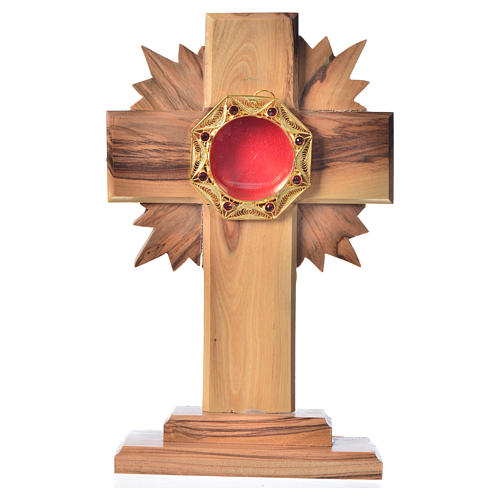 Monstrance H15cm in olive wood with rays, octagonal display 800 1