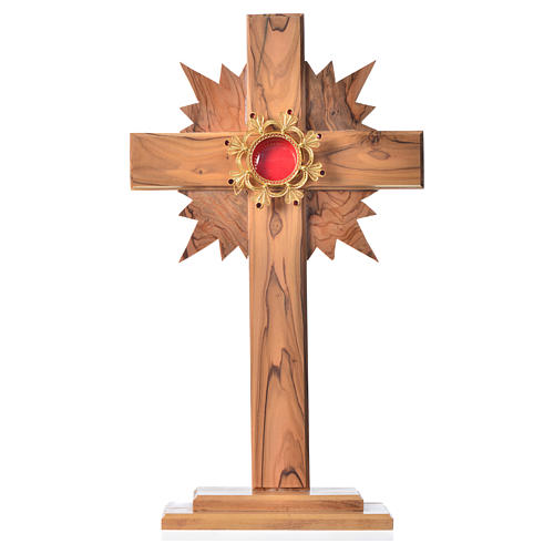 Relikwiarz drewno oliwne promienie krzyż 29 cm kustodium srebro 800 1
