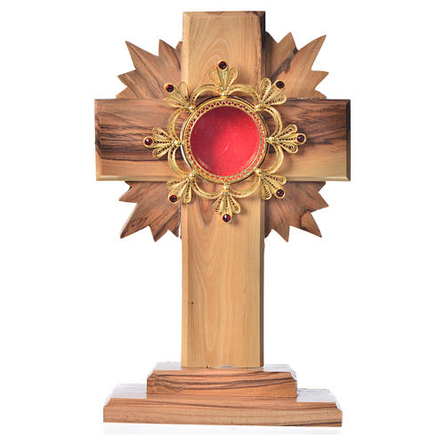 Monstrance in olive wood with rays, 15cm 800 silver display 1