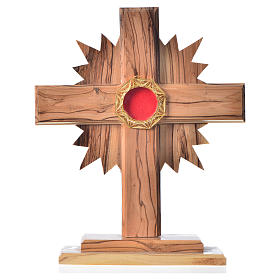 Monstrance in olive wood cross with rays, 20cm octagonal 800 sil