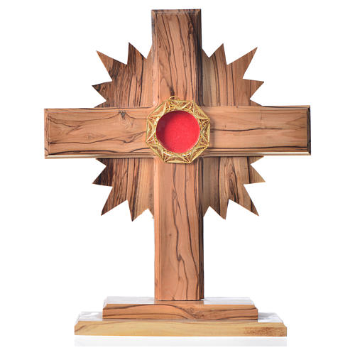 Monstrance in olive wood cross with rays, 20cm octagonal 800 sil 1
