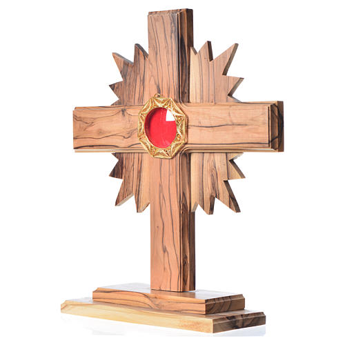 Monstrance in olive wood cross with rays, 20cm octagonal 800 sil 2
