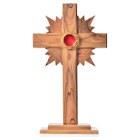 Monstrance in olive wood cross with rays, 29cm octagonal 800 sil