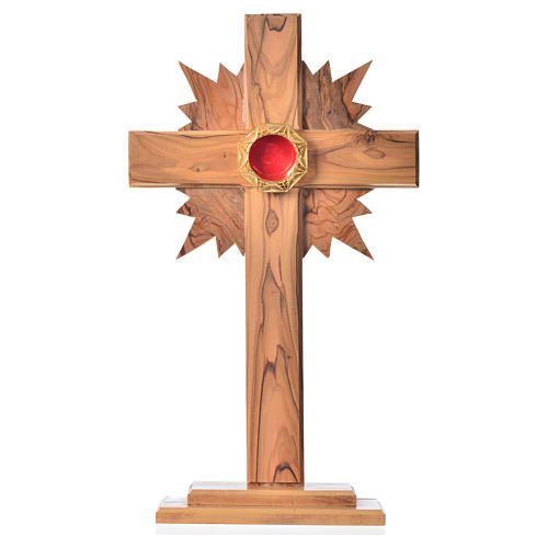 Monstrance in olive wood cross with rays, 29cm octagonal 800 sil 1