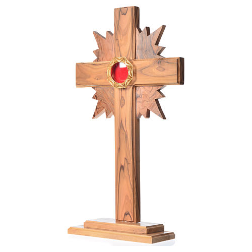 Monstrance in olive wood cross with rays, 29cm octagonal 800 sil 2
