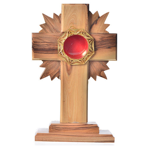 Monstrance in olive wood with rays, 15cm octagonal 800 silver di 1