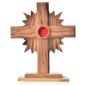 Monstrance in olive wood with rays, 20cm round golden 800 silver