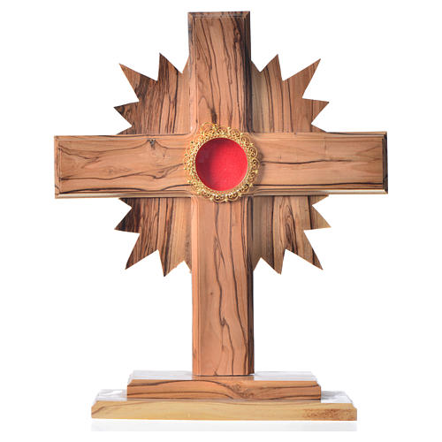 Monstrance in olive wood with rays, 20cm round golden 800 silver 1